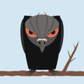 Angry black raven sits on a tree branch on blue sky background. A personified character like human.
