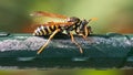 A predatory black and yellow European Paper Wasp (Polistes dominula) with lady bug larvae prey