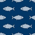 Predatory fish, Doodle style. Seamless background with hand-drawn animals, underwater life . vector illustration on a dark blue