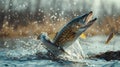 Predatory fish leaping from water with powerful splashes, capturing a smaller fish, dynamic wildlife action. Royalty Free Stock Photo