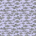 predatory fishes - sharks and piranhas, seamless pattern on blue background. Vector