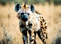 Predatory hyena in the savannah. Wild hunter