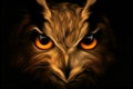 Predatory Owl Look, Orange Eyes, Dark Background. Birds Of Prey Concept, Wildlife. 3D Illustration, 3D Render