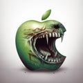 Predatory ravenous apple logo with big teeth on white background