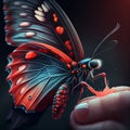 Predatory red fantastic butterfly drinks blood from a hand close-up macro, fantastic illustration, horror