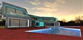 Predawn sky above the amazing suburban home constructed in minimalist style. The swimming pool looks like a river. No people. 3d