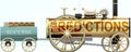 Predictions and success - symbolized by a steam car pulling a success wagon loaded with gold bars to show that Predictions is