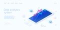 Predictive analytics in isometric vector illustration. Data mining, modelling and machine learning. Information statistics