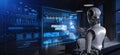 Predictive Analytics Leveraging Data for Forecasting Illustrated with a Robot Pressing a Button on a Virtual Screen. 3D render
