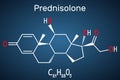 Prednisolone molecule. Is known as a corticosteroid or steroid medication. Structural chemical formula on the dark blue background