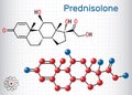 Prednisolone molecule. Is known as a corticosteroid or steroid medication. Structural chemical formula and molecule model. Sheet Royalty Free Stock Photo