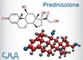 Prednisolone molecule. Is known as a corticosteroid or steroid medication. Structural chemical formula and molecule model