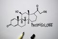 Prednisolone molecule written on the white board. Structural chemical formula. Education concept