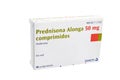 Huelva, Spain - July 23, 2020: Prednisone brand Alonga from Sanofi laboratory. Corticosteroid drugs, including cortisone,