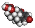 Prednisone corticosteroid drug molecule. Atoms are represented as spheres with conventional color coding: hydrogen (white), carbon