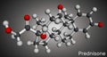 Prednisone molecule. Synthetic anti-inflammatory glucocorticoid derived from cortisone. Molecular model. 3D rendering Royalty Free Stock Photo