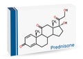 Prednisone molecule. Synthetic anti-inflammatory glucocorticoid derived from cortisone. Skeletal chemical formula. Paper packaging Royalty Free Stock Photo