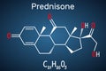 Prednisone molecule. A synthetic anti-inflammatory glucocorticoid derived from cortisone. Structural chemical formula on the dark