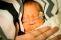 Preemie baby girl sleeping in the incubator