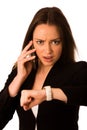 Preety asian caucasian woman looks watch gesture being late Royalty Free Stock Photo