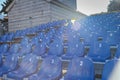 Prefabricated stand with blue plastic chairs Royalty Free Stock Photo