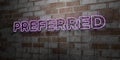 PREFERRED - Glowing Neon Sign on stonework wall - 3D rendered royalty free stock illustration