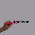 The prefix `un` of the word unclear is crossed out with a pink pencil by a female hand