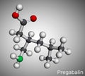 Pregabalin molecule. It is anticonvulsant, anxiolytic drug used to treat fibromyalgia and epilepsy. Molecular model. 3D rendering Royalty Free Stock Photo