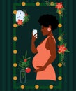 Pregnancy. An African woman takes a selfie in the mirror and holds smartphone in her hand Royalty Free Stock Photo