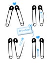 Pregnancy announcements with safety pin vector. Baby boy announcement greeting card