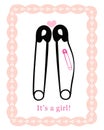 Pregnancy announcements with safety pin vector. Baby girl announcement greeting card Royalty Free Stock Photo