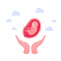 Pregnancy baby care and in vitro fertilization concept. Vector flat healthcare illustration. Human hands hold embryo in womb.