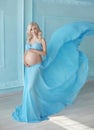 Pregnancy, Beautiful pregnant woman. Happy motherhood. Attractive blonde touching naked belly posing in blowing drapery dress fly