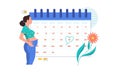 Pregnancy calendar. Monthly countdown with pregnant woman, cartoon gynecology appointment with due mother baby. Vector