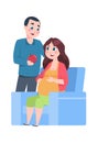 Pregnancy. Cartoon pregnant woman with husband. Happy man giving apple to wife. Isolated young parents expecting birth Royalty Free Stock Photo