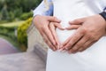 Pregnancy concept - couple making a heart shape with their hands on the pregnant belly. Hands of family members holding a belly of Royalty Free Stock Photo