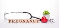 Pregnancy concept. Panoramic horizontal banner close up view photo of stethoscope red heart plant and wooden cubes showing word