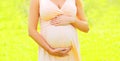 Pregnancy concept - pregnant woman with hands on belly over sunny summer Royalty Free Stock Photo