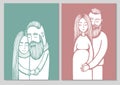 Pregnancy couple cards. Silhouette of couple. Background with pregnant woman and her husband. Hipster family