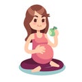 Pregnancy diet concept. Pregnant eating apple in lotus pose. Healthy food and fitness lifestyle vector illustration