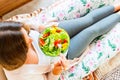 Pregnancy eating healthy salad. Happy pregnant woman eating nutrition food. People lifestyle food concept. Royalty Free Stock Photo