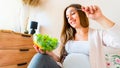 Pregnancy eating healthy salad. Happy pregnant woman eating nutrition food. People lifestyle food concept. Royalty Free Stock Photo