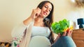 Pregnancy eating healthy salad. Happy pregnant woman eating nutrition food. People lifestyle food concept. Royalty Free Stock Photo