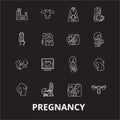 Pregnancy editable line icons vector set on black background. Pregnancy white outline illustrations, signs, symbols Royalty Free Stock Photo