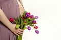 Pregnancy. Exposed belly and hands of a pregnant woman. Spring flowers. Tulips. Royalty Free Stock Photo