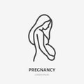 Pregnancy flat line icon. Vector outline illustration of pregnant woman. Black color thin linear sign for gynecologist