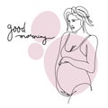 Pregnancy, good morning, one line drawing, fashionable girl in a swimsuit with a big belly