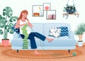 Pregnancy hobby, happy young pregnant woman knitting scarf for child, sitting on sofa Royalty Free Stock Photo