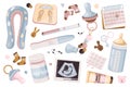 Pregnancy items set graphic elements in flat design. Vector illustration