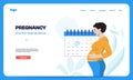 Pregnancy landing page. Mother and baby characters on maternity leave banner, cartoon pregnant woman characters on